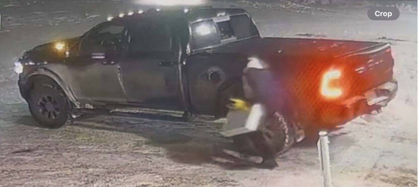 The two suspects used a black pickup truck to forcibly gain entry into Lacombe Vapes on Jan. 4. (photo courtesy the Lacombe Police Service)